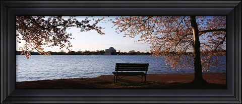 Framed Park bench with a memorial in the background, Jefferson Memorial, Tidal Basin, Potomac River, Washington DC, USA Print