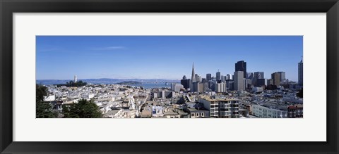 Framed High angle view of a city, Coit Tower, Telegraph Hill, Bay Bridge, San Francisco, California, USA Print