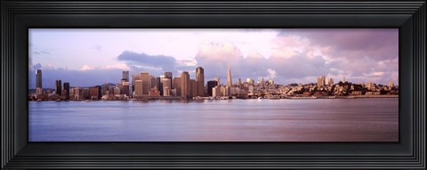 Framed San Francisco city skyline at sunrise viewed from Treasure Island side, San Francisco Bay, California, USA Print