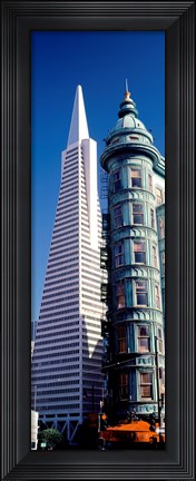 Framed Low angle view of towers, Columbus Tower, Transamerica Pyramid, San Francisco, California, USA Print