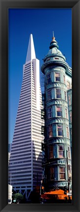 Framed Low angle view of towers, Columbus Tower, Transamerica Pyramid, San Francisco, California, USA Print
