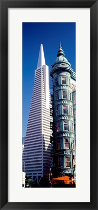 Framed Low angle view of towers, Columbus Tower, Transamerica Pyramid, San Francisco, California, USA Print