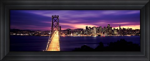 Framed Bridge lit up at dusk, Bay Bridge, San Francisco Bay, San Francisco, California Print