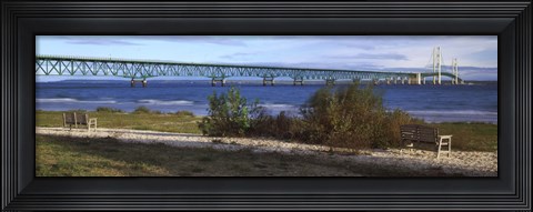 Framed Suspension bridge across a strait, Mackinac Bridge, Mackinaw City, Michigan, USA Print