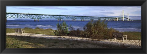 Framed Suspension bridge across a strait, Mackinac Bridge, Mackinaw City, Michigan, USA Print