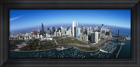 Framed Aerial view of a park in a city, Millennium Park, Lake Michigan, Chicago, Cook County, Illinois Print