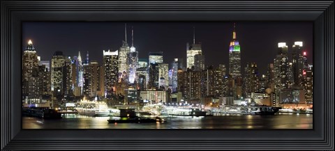 Framed Buildings in a city lit up at night, Hudson River, Midtown Manhattan, Manhattan, New York City, New York State, USA Print