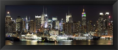 Framed Buildings in a city lit up at night, Hudson River, Midtown Manhattan, Manhattan, New York City, New York State, USA Print