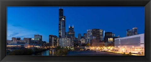 Framed Buildings in a city lit up at dusk, Chicago, Illinois, USA Print