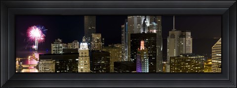 Framed Skyscrapers and firework display in a city at night, Lake Michigan, Chicago, Illinois, USA Print