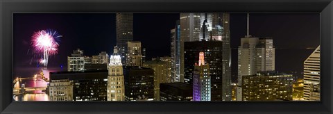 Framed Skyscrapers and firework display in a city at night, Lake Michigan, Chicago, Illinois, USA Print