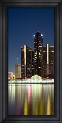 Framed Skyscrapers lit up at dusk, Renaissance Center, Detroit River, Detroit, Michigan, USA Print
