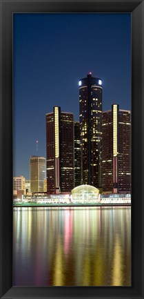 Framed Skyscrapers lit up at dusk, Renaissance Center, Detroit River, Detroit, Michigan, USA Print