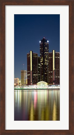 Framed Skyscrapers lit up at dusk, Renaissance Center, Detroit River, Detroit, Michigan, USA Print