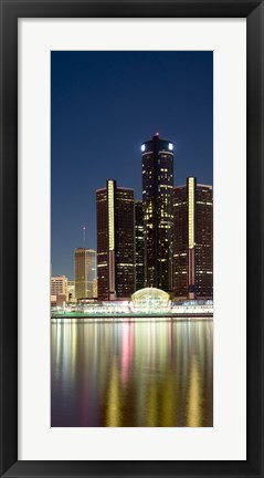 Framed Skyscrapers lit up at dusk, Renaissance Center, Detroit River, Detroit, Michigan, USA Print