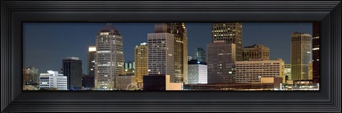 Framed Buildings in a city lit up at night, Detroit River, Detroit, Michigan Print