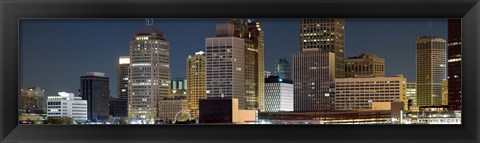 Framed Buildings in a city lit up at night, Detroit River, Detroit, Michigan Print