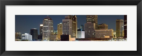 Framed Buildings in a city lit up at night, Detroit River, Detroit, Michigan Print