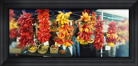 Framed Strands of chili peppers hanging in a market stall, Pike Place Market, Seattle, King County, Washington State, USA Print