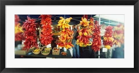 Framed Strands of chili peppers hanging in a market stall, Pike Place Market, Seattle, King County, Washington State, USA Print