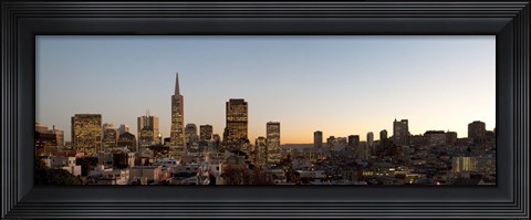 Framed Buildings lit up at dusk, Telegraph Hill, San Francisco, California, USA Print