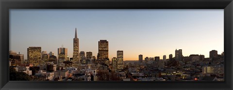 Framed Buildings lit up at dusk, Telegraph Hill, San Francisco, California, USA Print