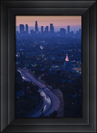 Framed High angle view of highway 101 at dawn, Hollywood Freeway, Hollywood, Los Angeles, California, USA Print