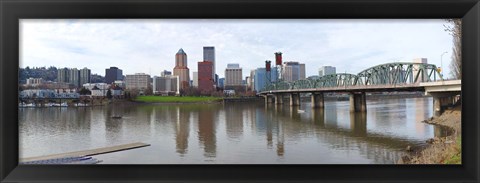 Framed Bridge across a river with city skyline in the background, Willamette River, Portland, Oregon 2010 Print