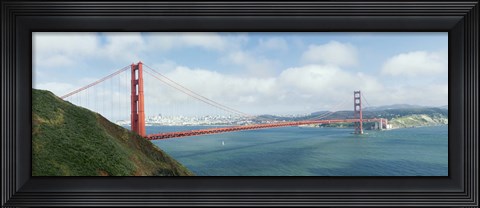 Framed Suspension bridge with a city in the background, Golden Gate Bridge, San Francisco Bay, San Francisco, California, USA Print