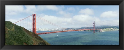 Framed Suspension bridge with a city in the background, Golden Gate Bridge, San Francisco Bay, San Francisco, California, USA Print