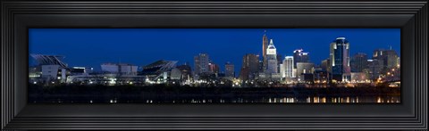 Framed Cincinnati skyline and John A. Roebling Suspension Bridge at twilight from across the Ohio River, Hamilton County, Ohio, USA Print