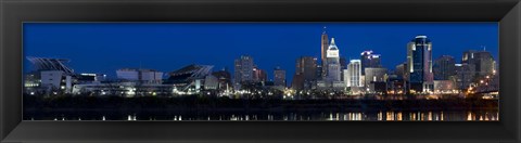 Framed Cincinnati skyline and John A. Roebling Suspension Bridge at twilight from across the Ohio River, Hamilton County, Ohio, USA Print