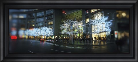 Framed Buildings lit up at the roadside, Columbus Circle, New York City, New York State, USA Print