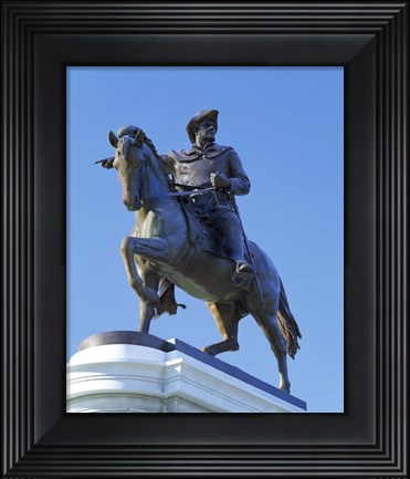 Framed Statue of Sam Houston pointing towards San Jacinto battlefield against blue sky, Hermann Park, Houston, Texas, USA Print