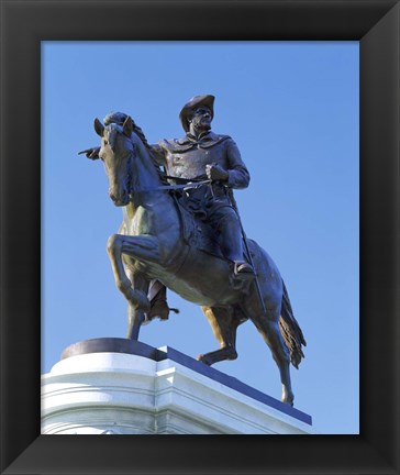 Framed Statue of Sam Houston pointing towards San Jacinto battlefield against blue sky, Hermann Park, Houston, Texas, USA Print