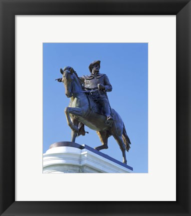 Framed Statue of Sam Houston pointing towards San Jacinto battlefield against blue sky, Hermann Park, Houston, Texas, USA Print