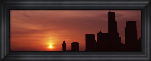 Framed Silhouette of buildings at dusk, Seattle, Washington State Print
