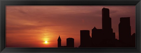 Framed Silhouette of buildings at dusk, Seattle, Washington State Print