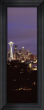 Framed Skyscrapers in a city lit up at night, Space Needle, Seattle, King County, Washington State, USA Print