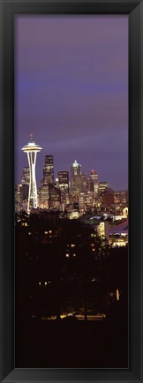 Framed Skyscrapers in a city lit up at night, Space Needle, Seattle, King County, Washington State, USA Print