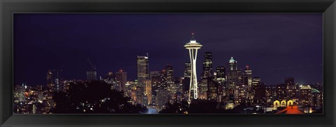 Framed Skyscrapers and Space Needle Lit Up at Night Print