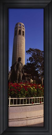 Framed Statue of Christopher Columbus in front of a tower, Coit Tower, Telegraph Hill, San Francisco, California, USA Print