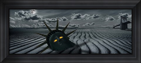 Framed Head of a statue with a broken bridge in the background on a dry river Print