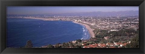 Framed Aerial view of a city at coast, Santa Monica Beach, Beverly Hills, Los Angeles County, California, USA Print