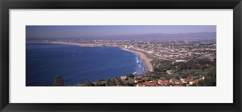 Framed Aerial view of a city at coast, Santa Monica Beach, Beverly Hills, Los Angeles County, California, USA Print