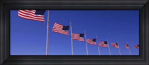 Framed Low angle view of American flags, Washington Monument, Washington DC, USA Print