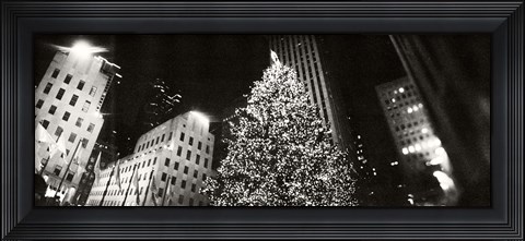 Framed Christmas tree lit up at night, Rockefeller Center, Manhattan (black and white) Print