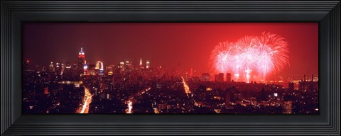 Framed Fireworks display at night over a city, New York City, New York State, USA Print