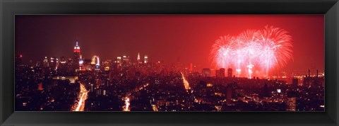 Framed Fireworks display at night over a city, New York City, New York State, USA Print