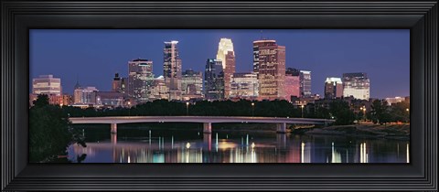Framed Buildings lit up at night in a city, Minneapolis, Mississippi River, Hennepin County, Minnesota, USA Print